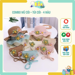 Combo nón cói và túi phong cách Hàn Quốc cho bé gái từ 3-8 tuổi, set mũ rộng vành - Riokids MU1