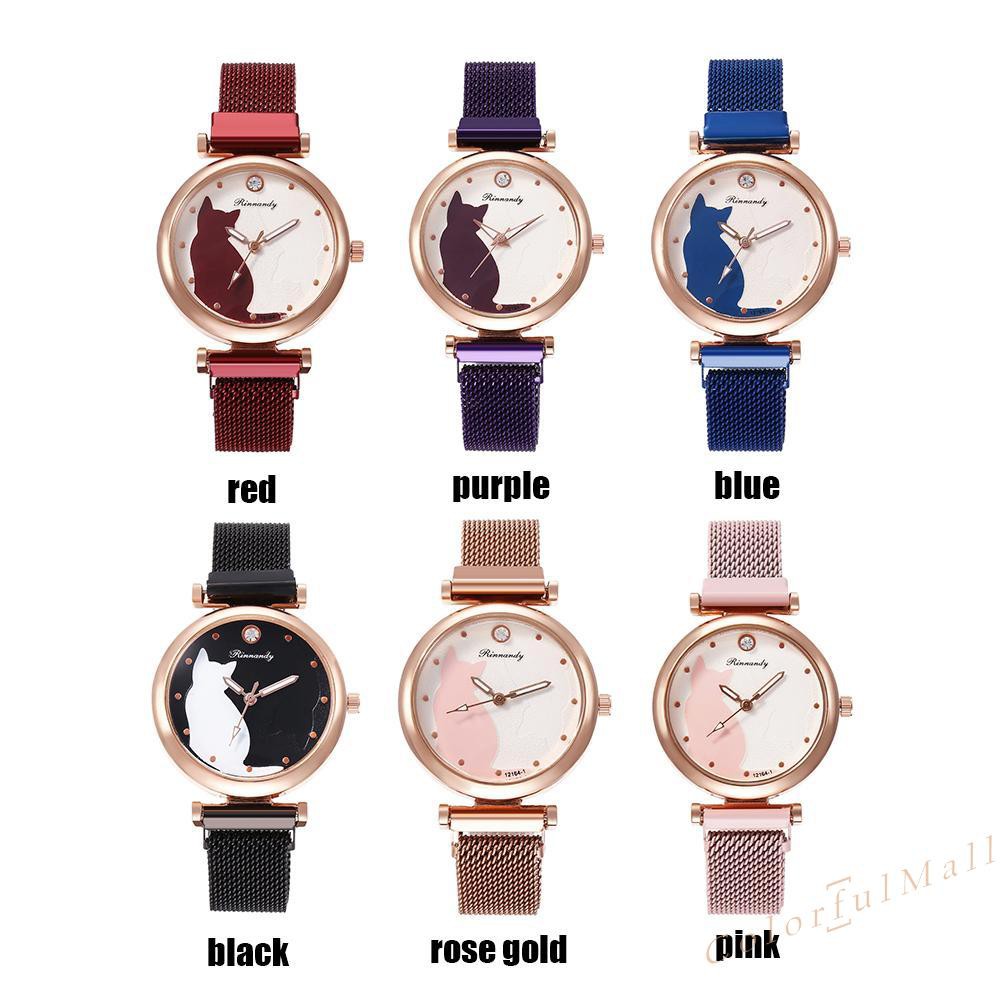 Women Fashion Mesh Band Watches Magnet Buckle Cartoon Cat Dial Wristwatch