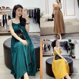  Đầm dập ly maxi 2 dây dáng suông kèm dây thắt eo-hình thật. 