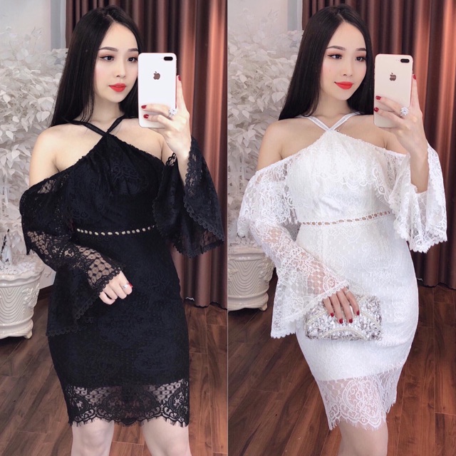 Đầm body ren trễ vai yếm tay dài loe