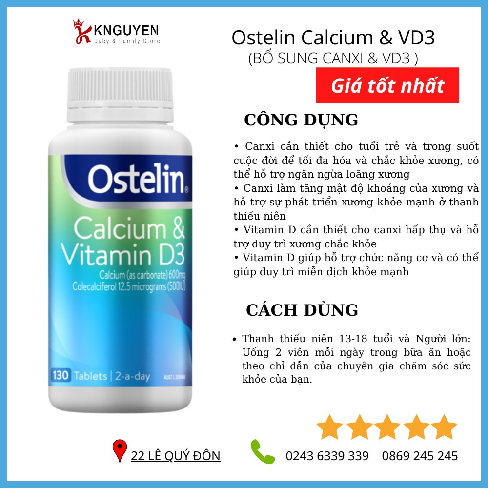 Ostelin Calcium & Vitamin D3 Úc dùng - Bà bầu và Trẻ em từ 12 tuổi trở lên (130 viên) | BigBuy360 - bigbuy360.vn