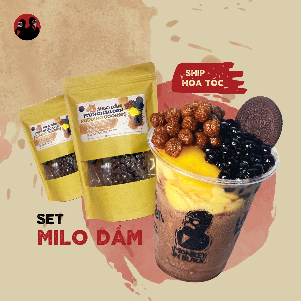Set nguyên liệu milo dầm trân châu đen pudding cookie siêu ngon set 3 - 6 ly full topping - Monkey In Black MIB