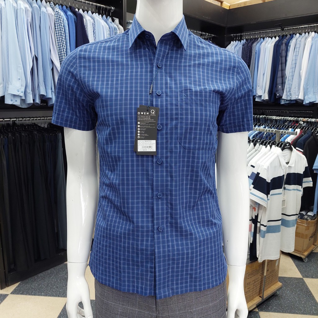 Áo Sơ Mi Nam Ngắn Tay Owen BA22674NT Cộc Tay Công Sở Cao Cấp Màu Xanh Kẻ Caro Nhỏ Vải Sợi Tre Dáng Body Fit Tà Bằng | BigBuy360 - bigbuy360.vn