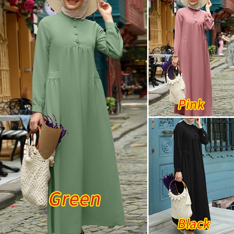 Zanzea Đầm Maxi Tay Dài Có Túi Phong Cách Hồi Giáo