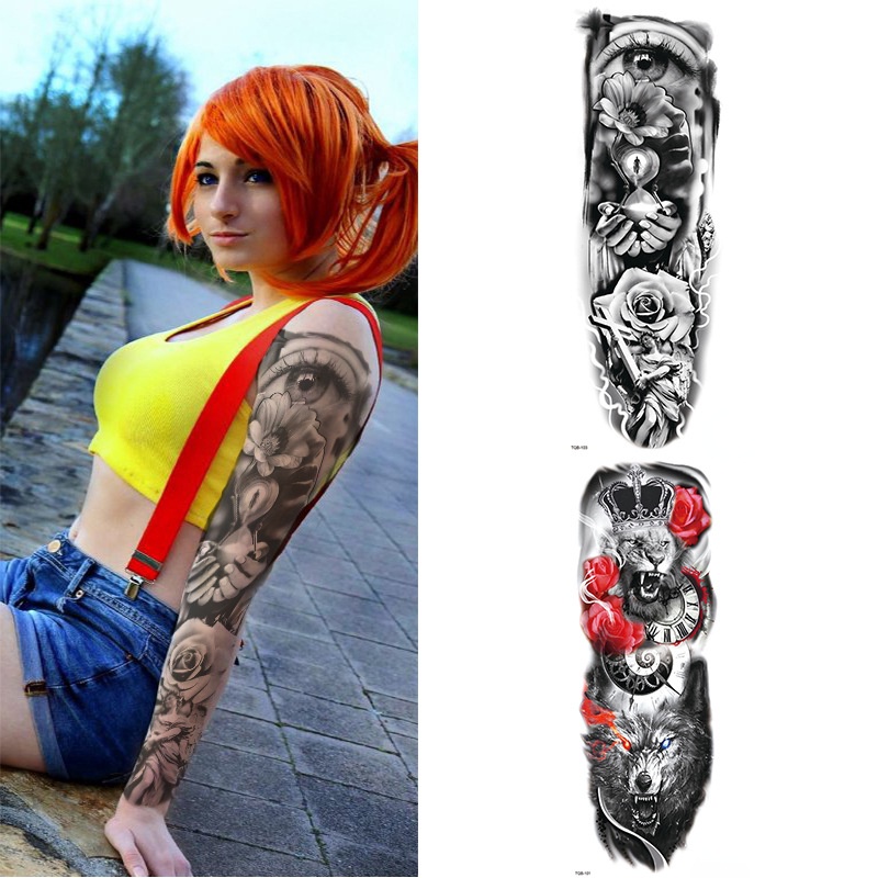 【Ready Stock】Black and white colorful full arm tattoo stickers Beauty big picture beasts Waterproof, sweat-proof and non-reflective simulation can last for 15 days, exclusively for stock