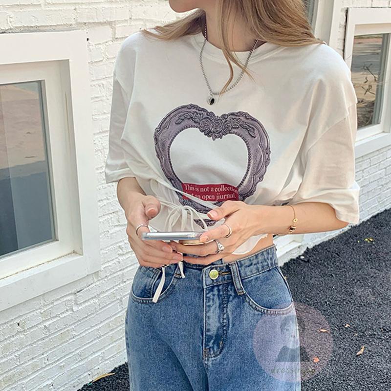 Áo Thun Ngắn Tay Cổ Tròn In Họa Tiết Trái Tim Thời Trang Mùa Hè Cho Nữ