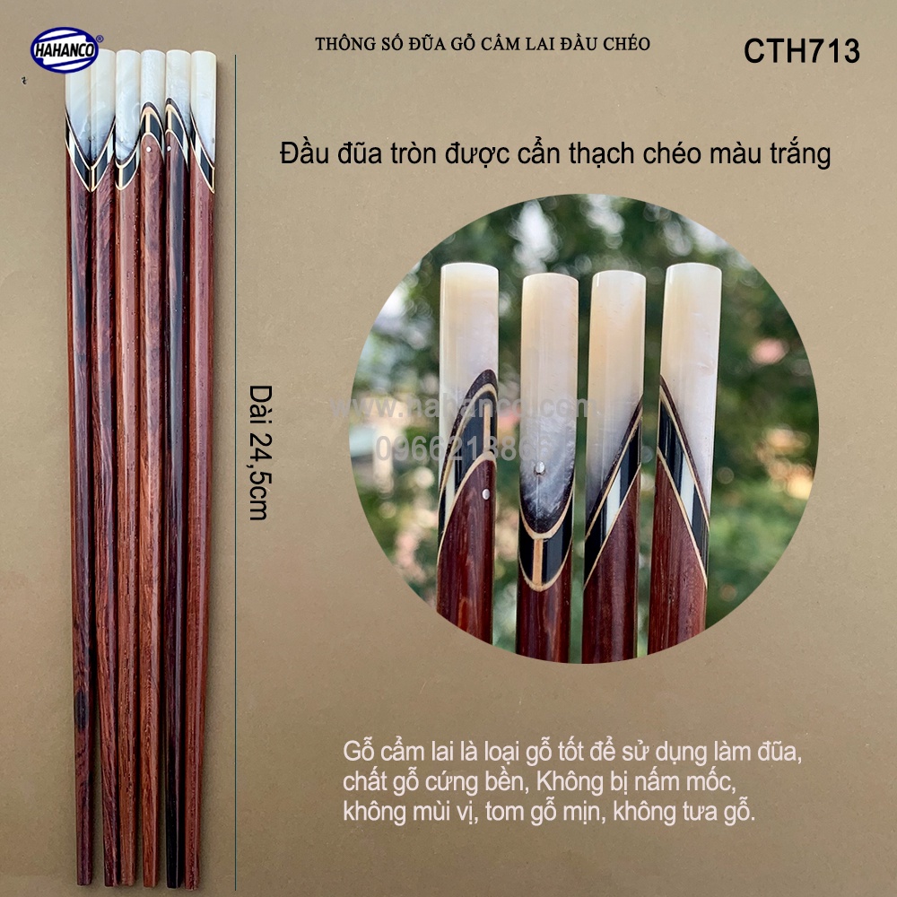 Đũa Gỗ Cẩm Lai Đầu Cẩn Thạch Chéo Trắng HAHANCO (10 Đôi) Vân Gỗ Đẹp - CTH713