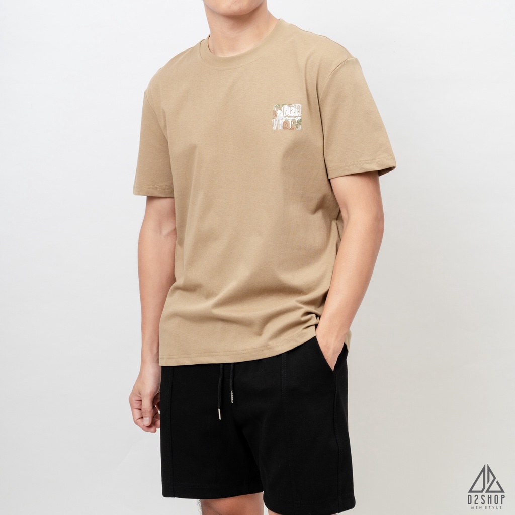 Áo thun D2shop, áo thun cổ tròn in lưng chữ nổi GOOD VIBES, in chữ nổi, màu nâu
