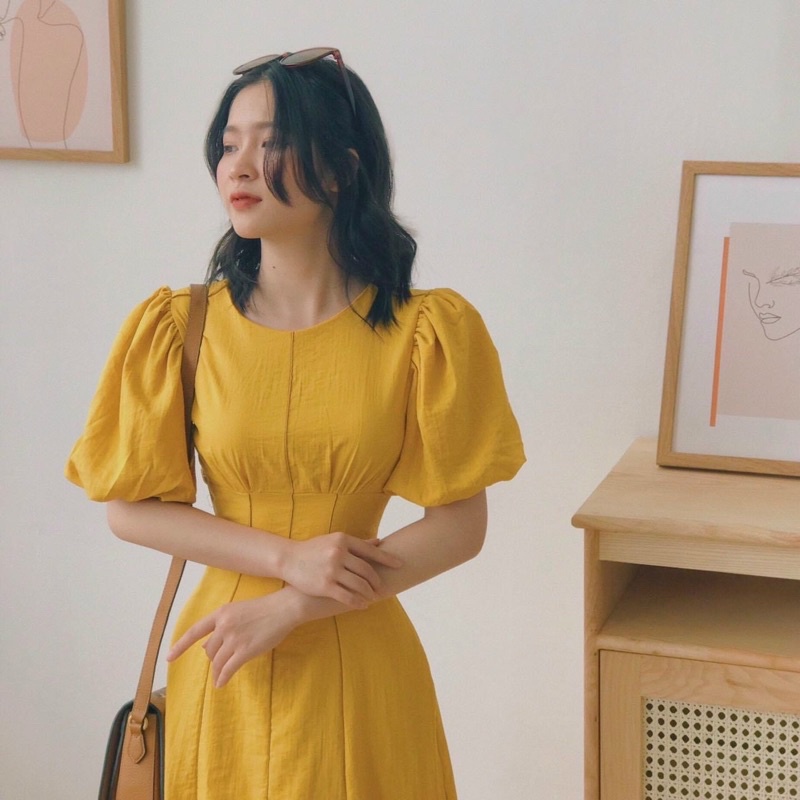 Đầm váy cổ tròn viền sọc nâu 2 màu