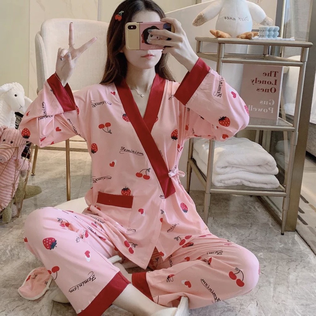 Đồ Bộ Dài Tay Mặc Nhà Kiểu Dáng Kimono Chất Thun 🍁 thươngBộ pijama kiểu dáng kimono tay dài quần dài