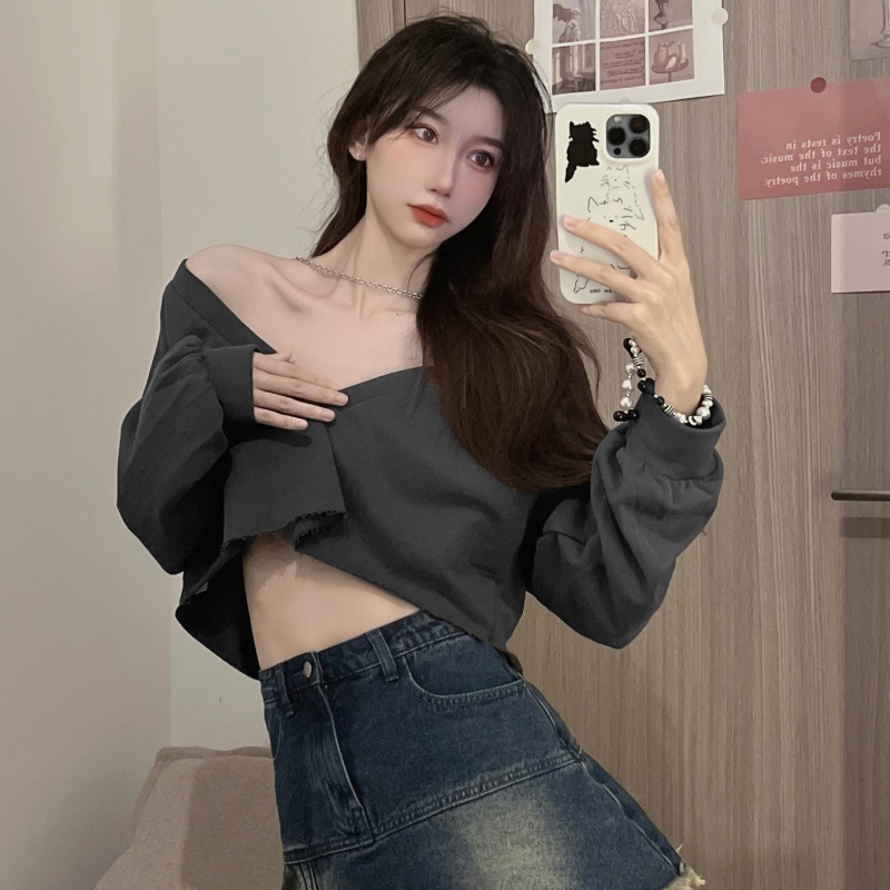 SUXI Áo Cổ Chữ V Tay Dài Dáng Rộng Màu Trơn Đơn Giản Thời Trang Cho Nữ