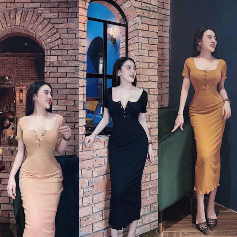 Váy Đầm Nữ ❄️ FREESHIP ❄️ Đầm Dự Tiệc Ôm Body Cổ Vuông Nút Bấm Tay Ngắn Form Dài Sang Chảnh LH53
