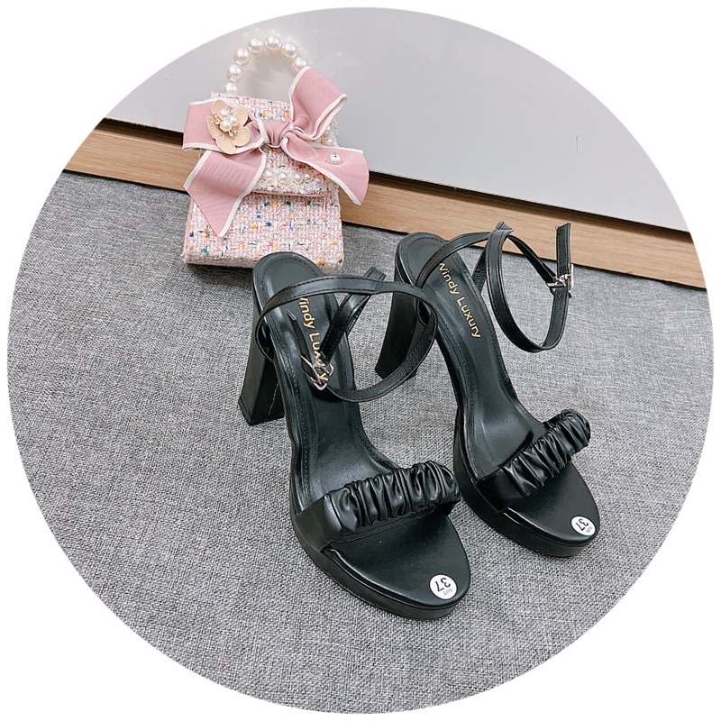 Giày sandal cao gót 12cm đế đúp gót trụ quai ngang Nhún da lì
