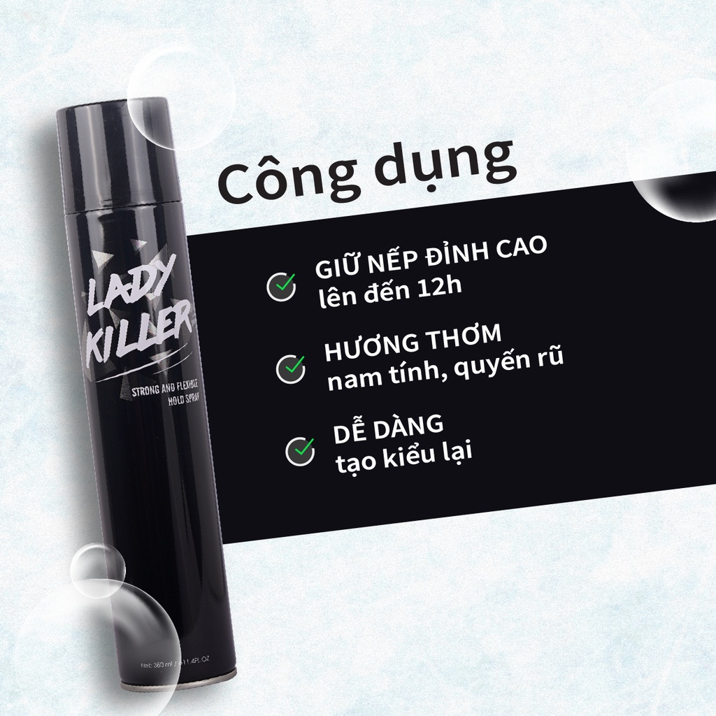 Gôm xịt tóc 30Shine phân phối độc quyền Lady Killer 360ml thách thức nón bảo hiểm giữ nếp tóc suốt ngày dài