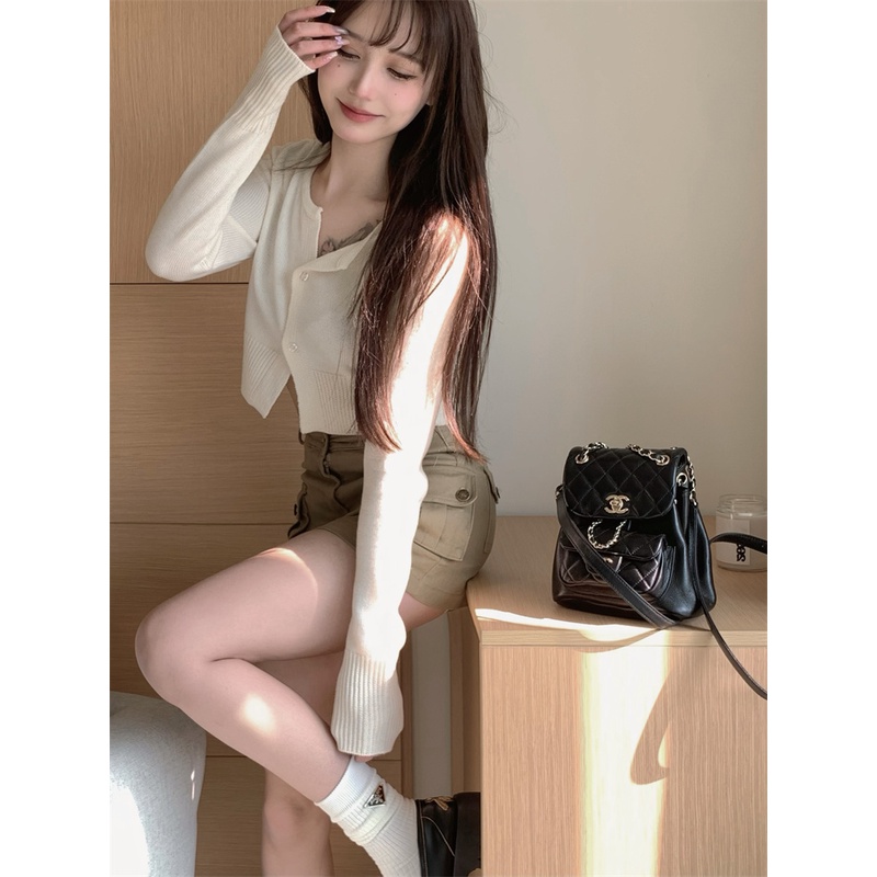 HUANG YOYO Set Áo Thun Dài Tay Cổ Chữ V + Chân Váy Kaki Thời Trang Hàn Cho Nữ