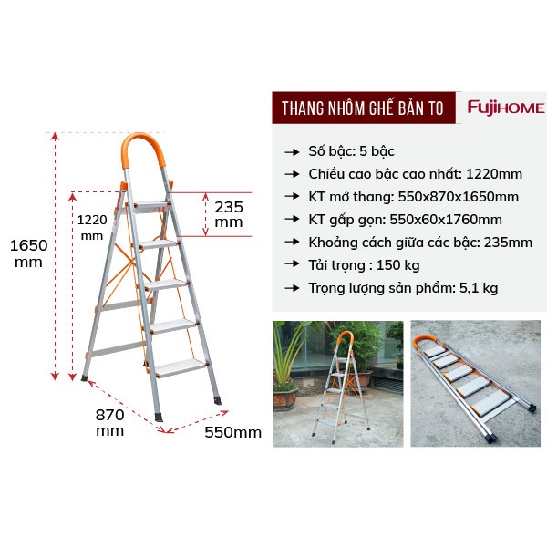 Thang ghế nhôm tay vịn chữ A bản to 3 - 4 - 5 bậc từ 1,2M - 1,65M xếp gọn ADVINDEQ, Thang chữ A gia đình đa năng rút gọn