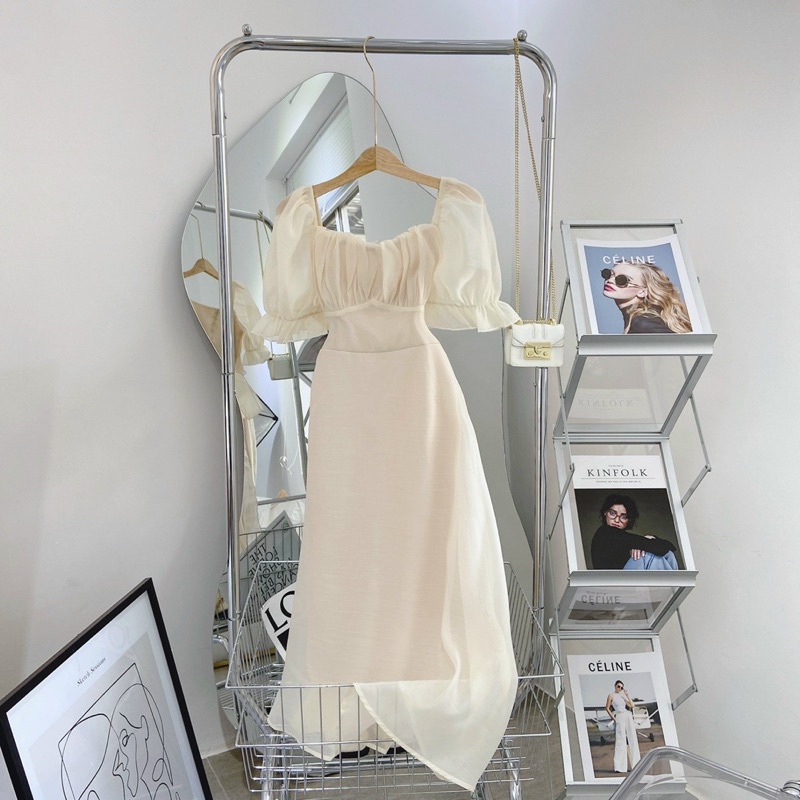 (có bigsize) ĐẦM MIDI XẾP LY NHÚN NGỰC TAY BỒNG BO ✨ | BigBuy360 - bigbuy360.vn