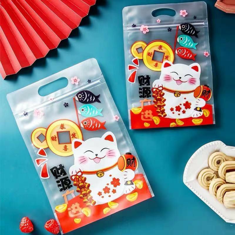 Size LỚN set 10 Túi ZIP MÈO Chiêu Tài Thần Tài May Mắn TRONG MỜ đựng 250g-400g bánh qui, quy, kẹo nougat