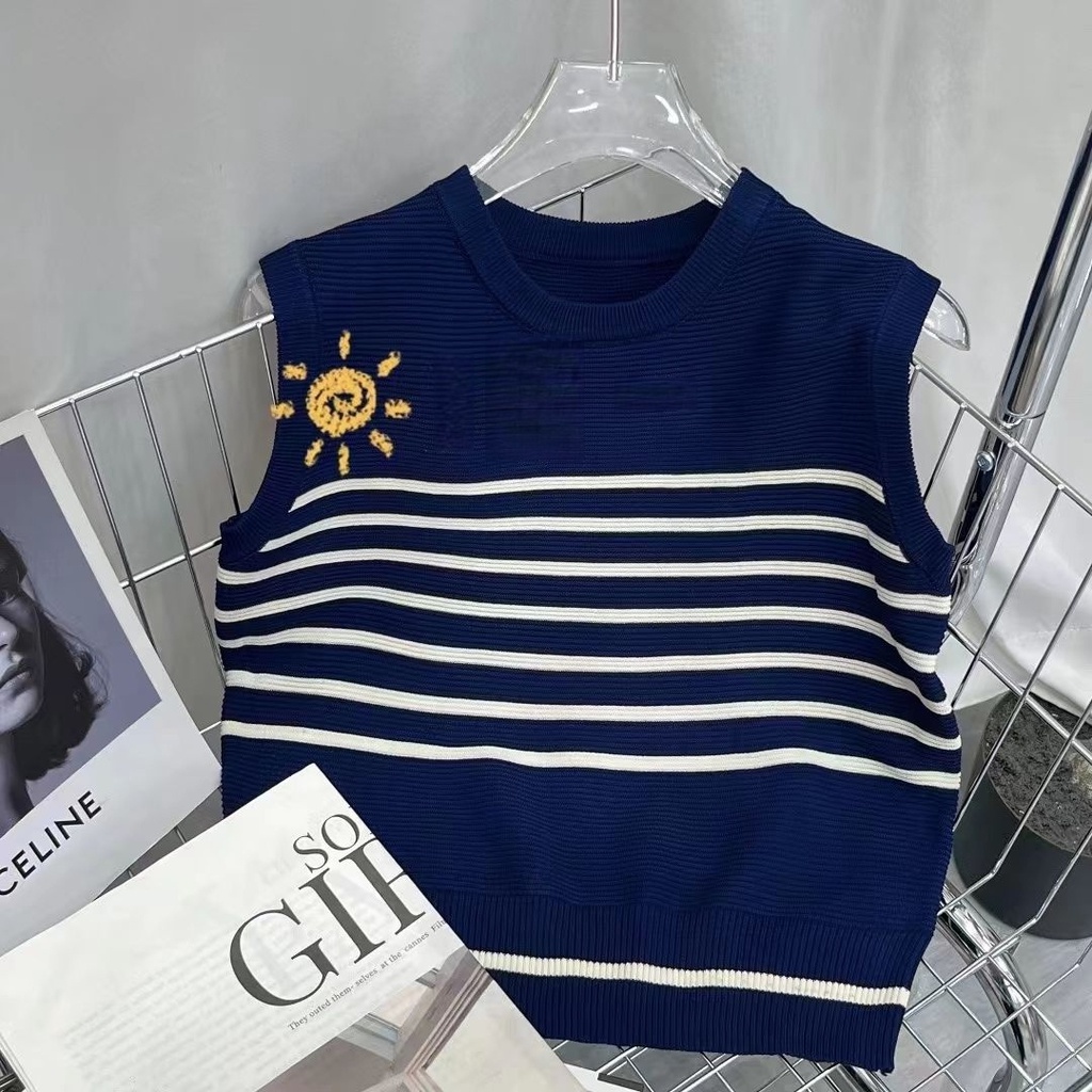 Áo Sweater Dệt Kim Sát Nách Cổ Tròn Dáng Rộng Kẻ Sọc Thời Trang Mùa Hè Mới Cho Nữ