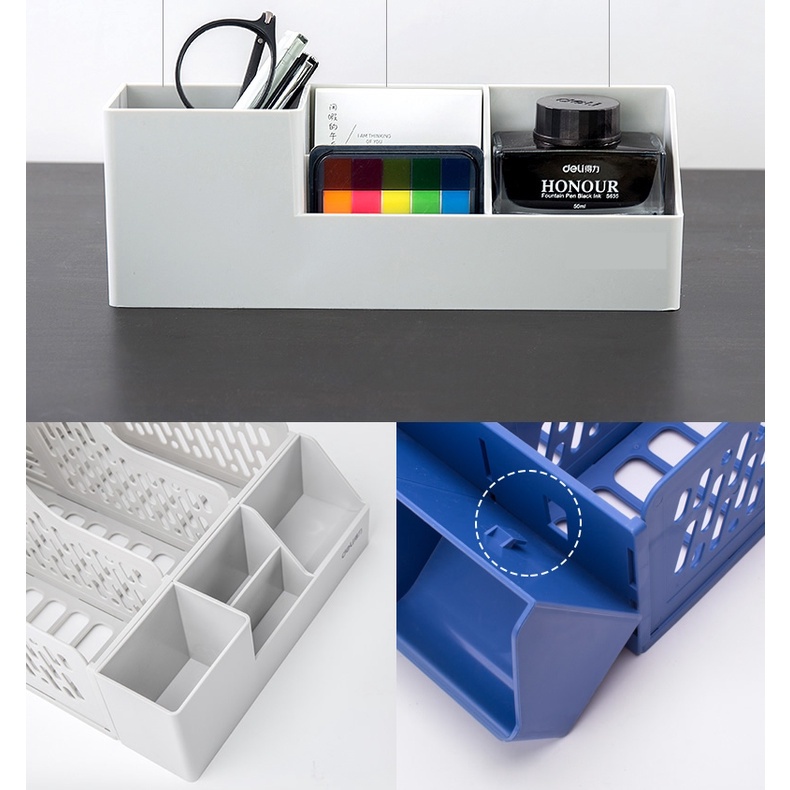 Khay đựng đồ văn phòng phẩm 3 ngăn, File đựng tài liệu, Giá để tài liệu giấy tờ có kèm khay đựng bút.