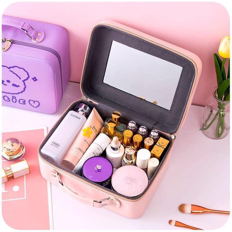 Cốp đựng mĩ phẩm gấu ⚡️Freeship⚡️ Hộp đựng mĩ phẩm gấu ,đồ makeup kèm gương nhỏ gọn dễ thương