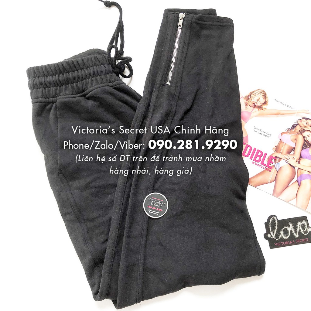 (Size S 63) Quần Jogger nhung đen, form ôm rộng thoải mái, có túi, Terry Track Pant, Black - Pink, Victoria's Secret