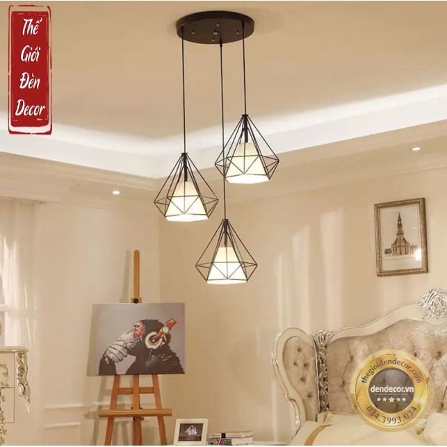 ĐÈN CHÙM 3 ĐÈN KIM CƯƠNG ĐẾ TO, ĐÈN THẢ T060 BÀN ĂN PHÒNG KHÁCH KÈM BÓNĐE