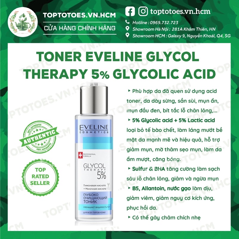 Toner Eveline 5% Glycolic acid làm da căng bóng, sáng mịn, mờ thâm sạm