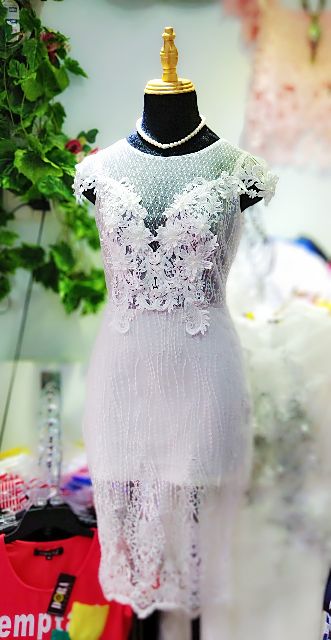 Đầm nữ thiết kế body ren lưới ánh, trắng kết ngọc, hoa 3D - M (ảnh thật)