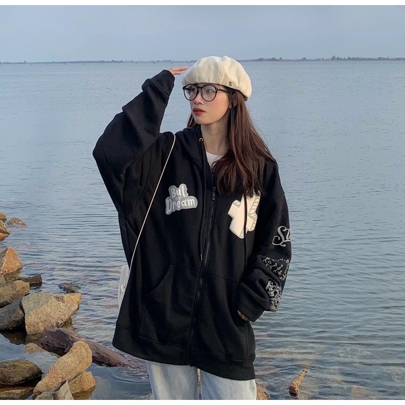 Áo khoác nỉ ngoại dây kéo có nón 2 lớp but dream unisex ulzzang nam nữ