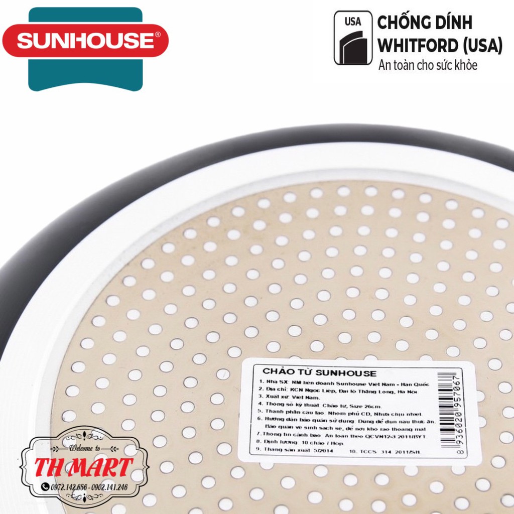 Chảo trơn chống dính sunhouse 3 lớp chống dính whitford usa tốt cho sức khỏe size 16-30cm