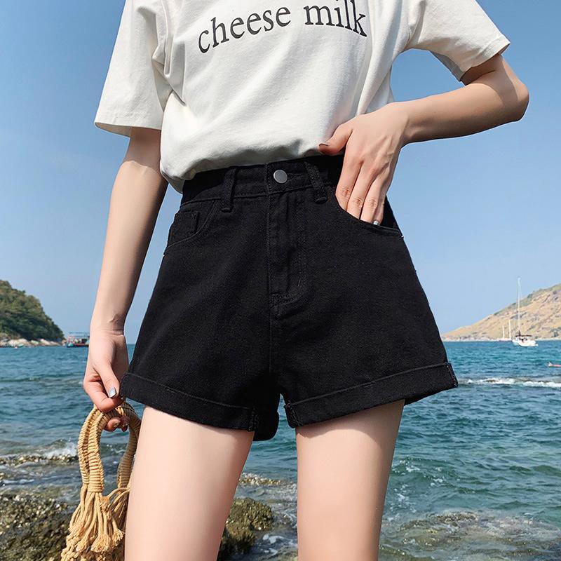 Mùa hè 2021 quần short denim rộng thùng thình phiên bản nữ Hàn Quốc với đường viền xoăn mỏng, quần dài sinh viên ống rộng thời thượng