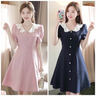 Đầm váy hồng cổ trắng nút ngọc (kèm hình thật)