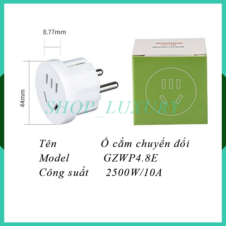 Phích Cắm Chuyển Đổi 3 Chân Dẹt EU Sang 2 Chân Tròn Chuẩn VN Chính Hãng