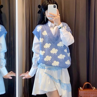 Gile len nữ quảng châu maika, áo gile len họa tiết mây trắng dễ thương phối đồ cực xinh