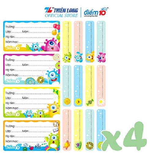 Combo 4 Túi Nhãn vở Thiên Long Điểm 10 TP-NBL006 (16 cái)