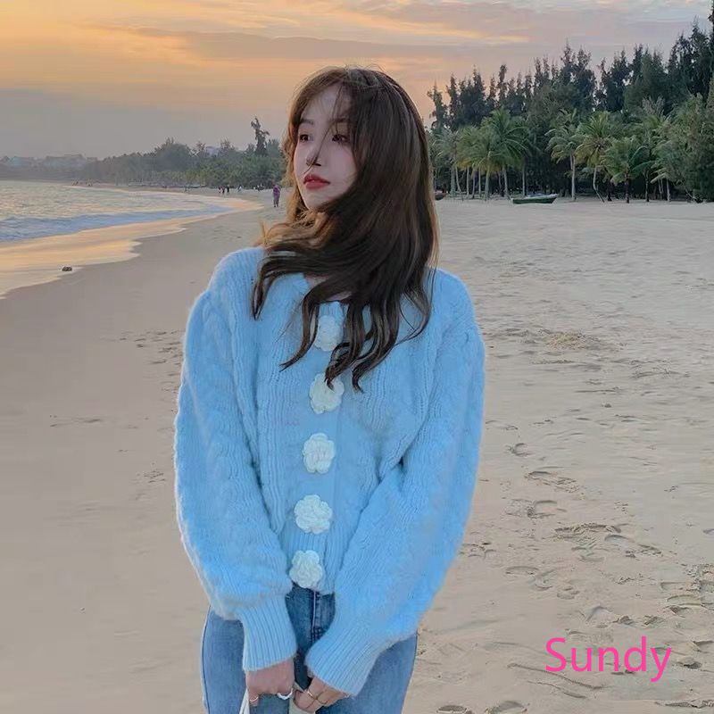 Áo cardigan dệt kim tay dài cổ tròn dáng rộng phối nút thời trang mùa thu cho nữ