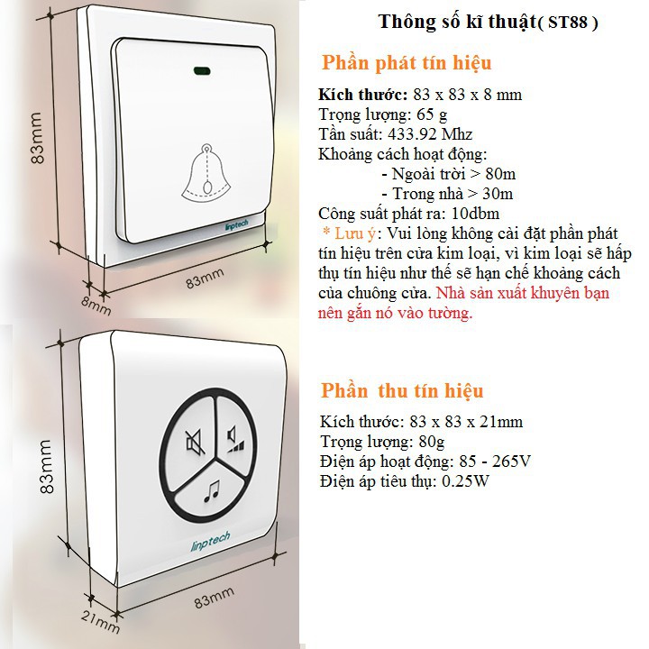 Chuông cửa không dây, không dùng pin, chống nước cao Linbell G1