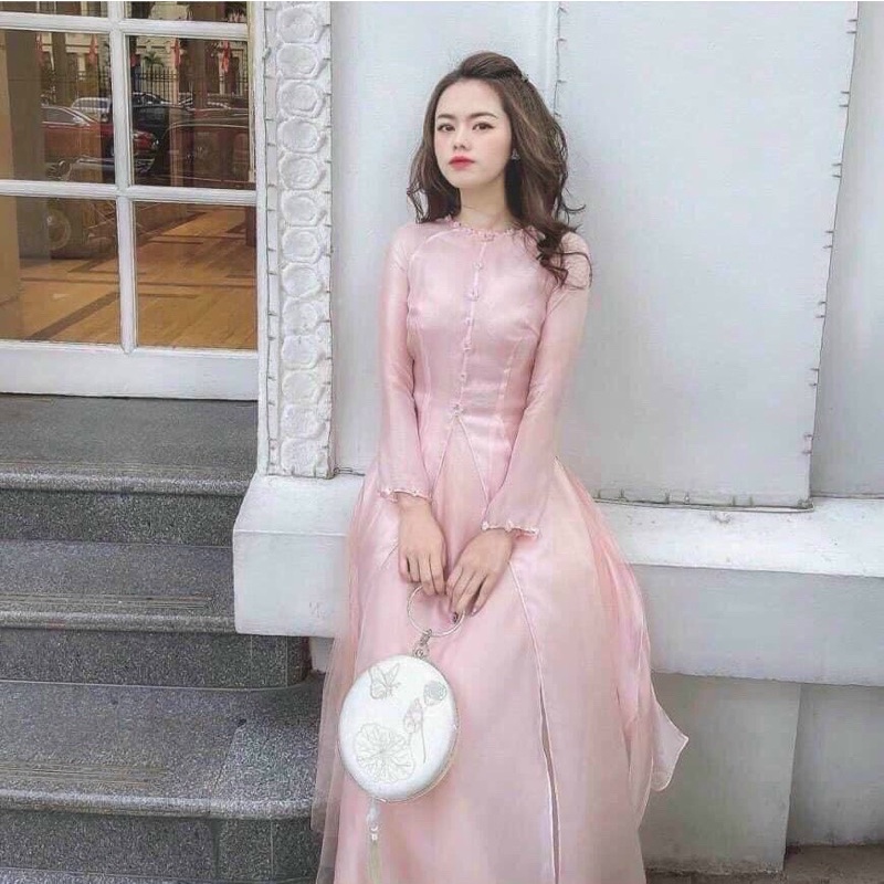 [FREESHIP] Set áo dài thiết kế phi lụa hai màu đỏ hồng đính nơ bông hoa phối quần suông mặc đi chùa chụp ảnh đi chúc Tết