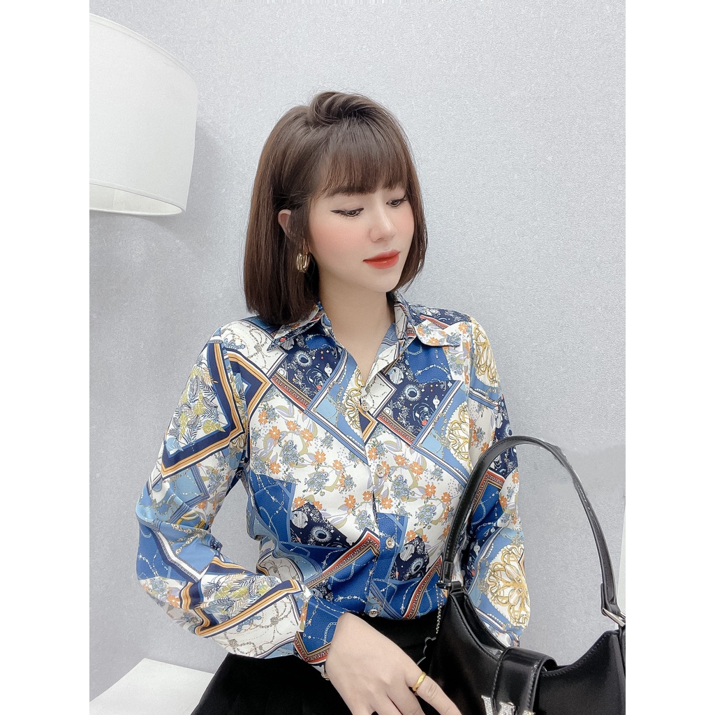 Áo sơ mi lụa dài tay nũ cao cấp công sở họa tiết hoa nhỏ cam hình xanh pastel trắng, áo sơ mi thiết kế MQ Boutique