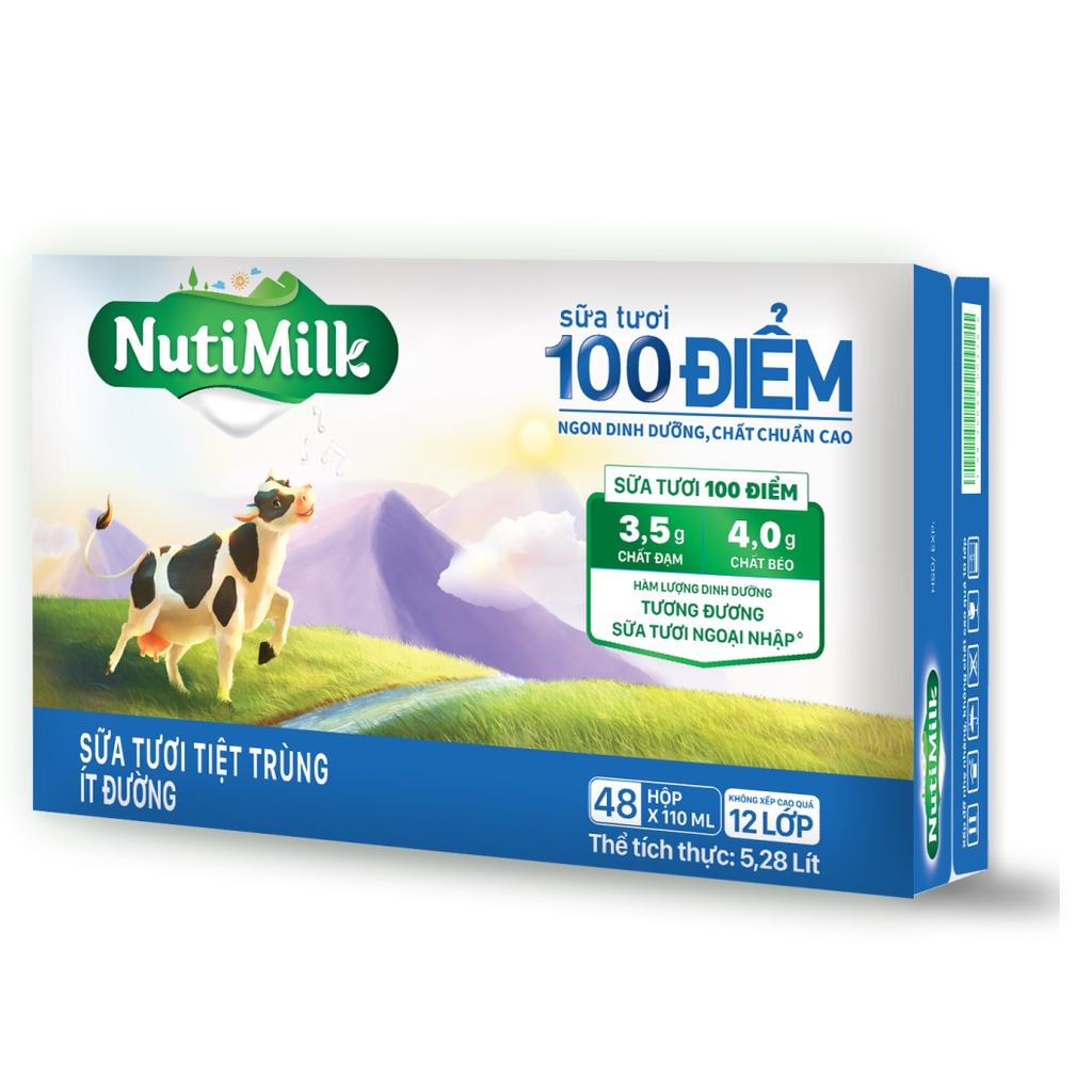 Thùng 48 Hộp NutiMilk Sữa tươi 100 điểm - Sữa tươi tiệt trùng Ít đường 110ml TU.STID110CRN - Thương Hiệu NUTIFOOD -
