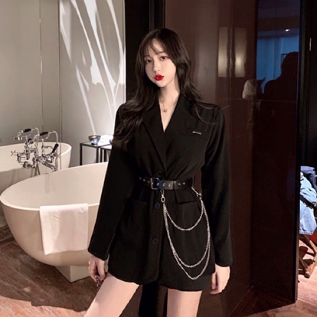 (Hàng Quảng Châu) Đầm vest blazer đen tay dài 2 túi sang trọng cá tính phối belt (TB) | BigBuy360 - bigbuy360.vn