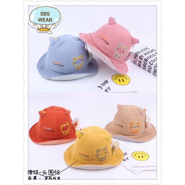 Mũ cho bé trai bé gái vành tròn thêu mèo may mắn chống nắng , phù hợp 5 tháng - 4 tuổi