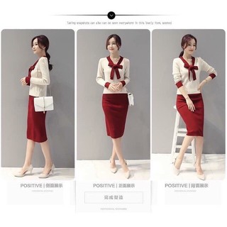 Set váy len cổ nơ
