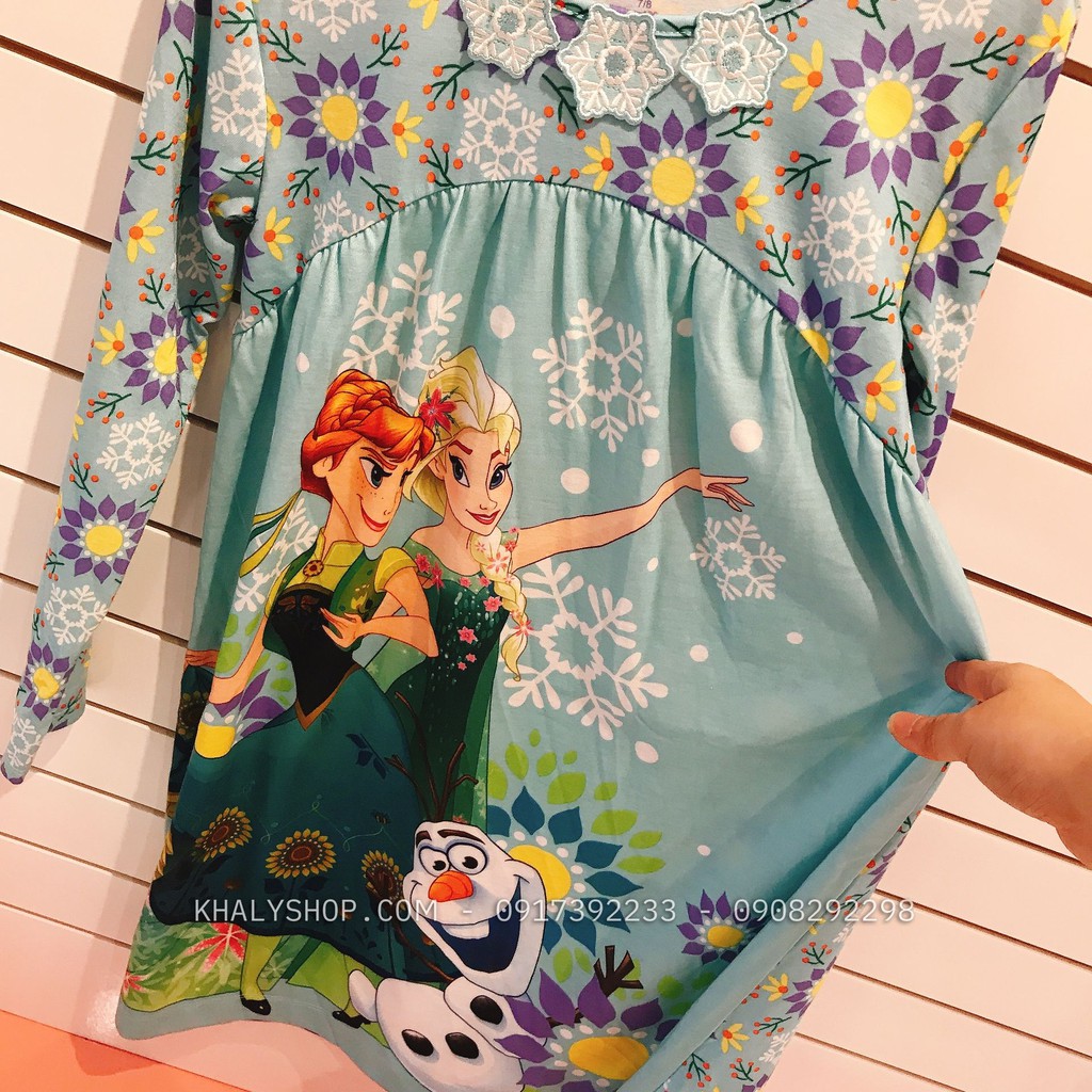 Đầm thun tay dài trẻ em hình công chúa Elsa và Anna Olaf (Frozen) màu xanh size M,L cho bé gái (Mỹ US-UK) - DFZX