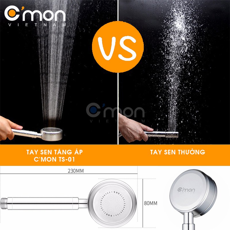 Bộ vòi sen siêu tăng áp 400% C'MON TS-01 + dây sen inox + cài sen (bạc)