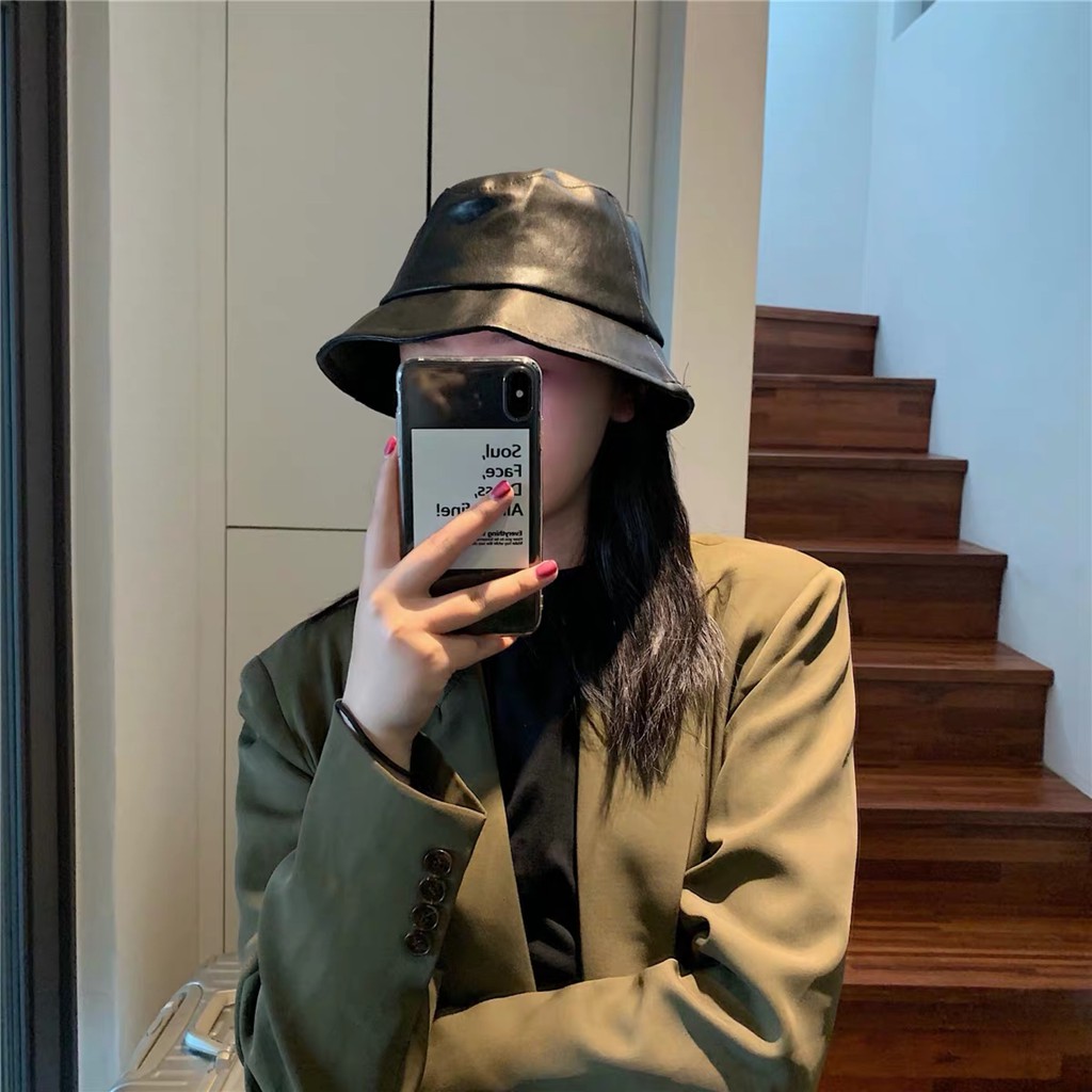 Mũ Bucket Chất Liệu Da Màu Trơn Thời Trang Thu Đông Phong Cách Hàn Quốc