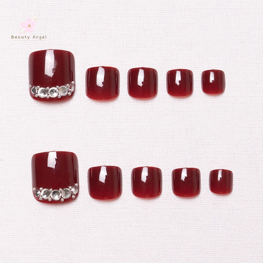 Set 24 Móng Chân Giả Màu Đỏ Rượu Vang Sáng Bóng Che Phủ Toàn Diện Có Thể Tháo Rời