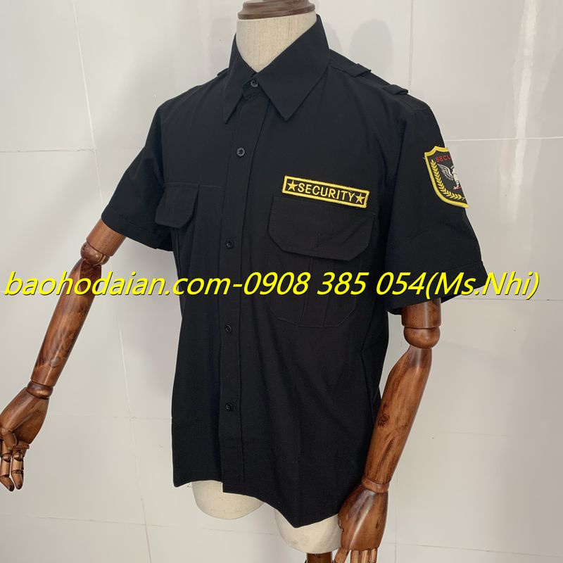 Áo vệ sĩ tay ngắn màu đen vải kate ford thấm hút mồ hôi kèm 2 logo vai ngực