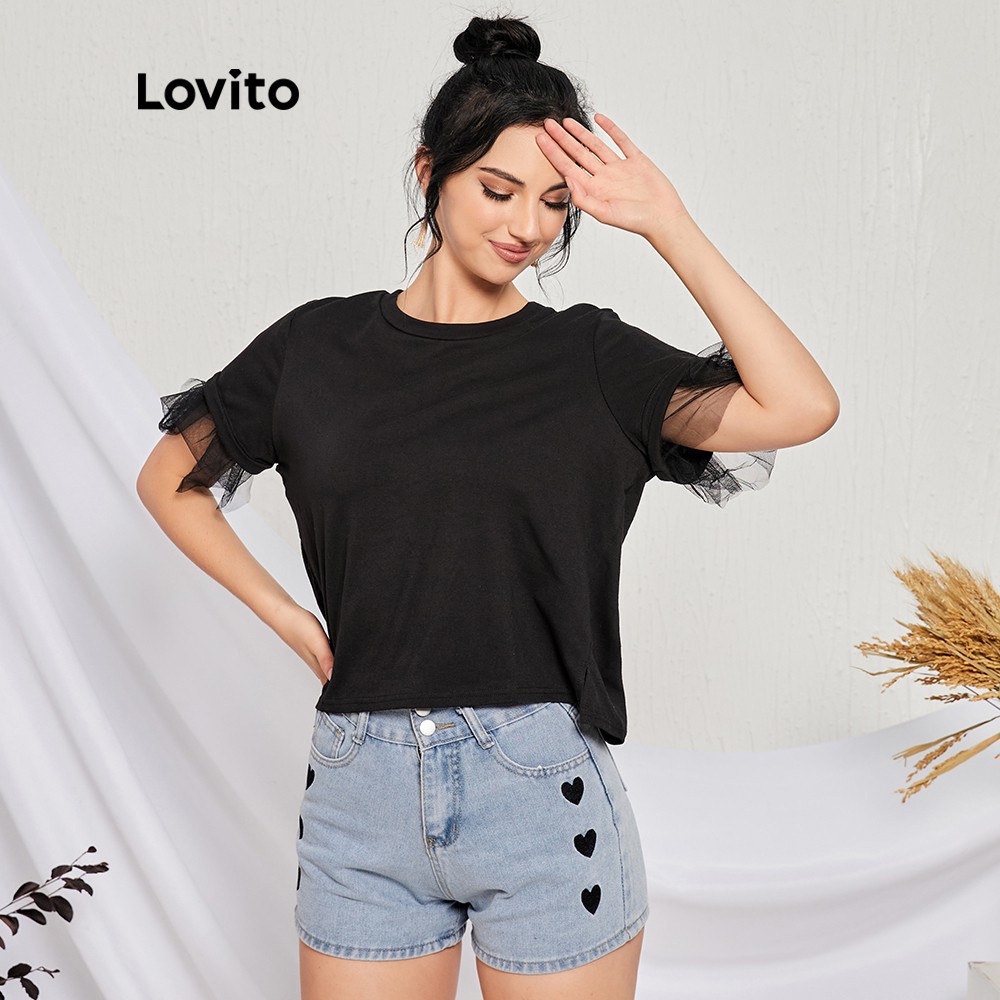 Áo thun Lovito cổ tròn màu sắc dạng lưới tương phản thời trang thường ngày L14X042 (màu đen)